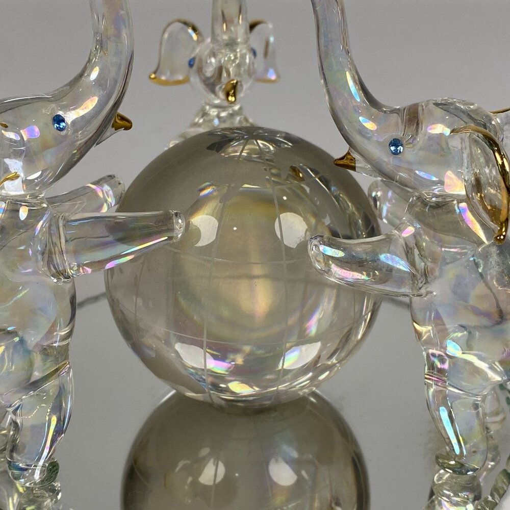 3 Hand Blown Glass Elephants on Globe Figurine Blue Rhinestone Eyes Mirror Base - Picture 3 of 11